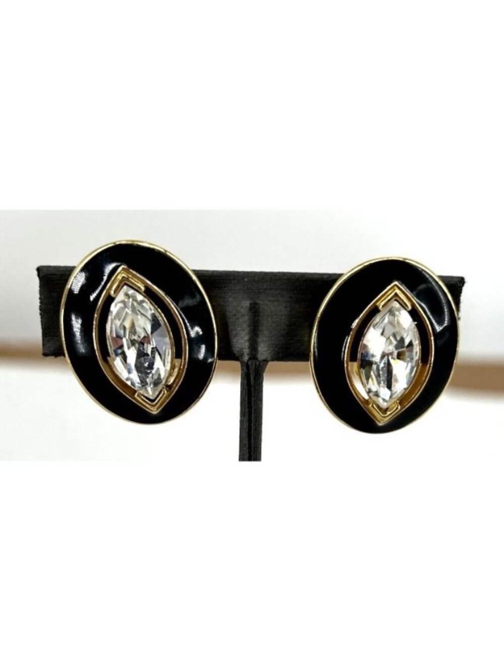 Trifari Earrings Oval Clip-On Black Enamel Gold Clear Crystal Marquis 1990s Vtg